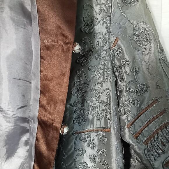 Vintage TANG JACKET Silk Satin Gray Brown Embellished Long Suit Coat Large XL - Picture 8 of 10